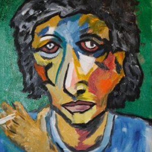 Expressionist oil painting of a man with intense eyes, cigarette in hand, and multicolored face against a green background. Titled “Killing Me Keith” by Michelle Scarafile Wallace