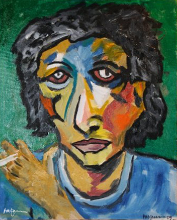 Expressionist oil painting of a man with intense eyes, cigarette in hand, and multicolored face against a green background. Titled “Killing Me Keith” by Michelle Scarafile Wallace