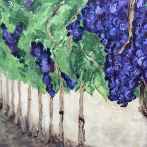Acrylic painting of an abstracted Italian vineyard with bold colors in green, purple, ochre, and terracotta. Titled “Vigneto Italiano” by Michelle Scarafile Wallace