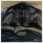 An abstract painting of a figure in Paschimottanasana (seated forward bend) with earthy tones, showcasing the curvature of the back and the placement of feet in the foreground.together