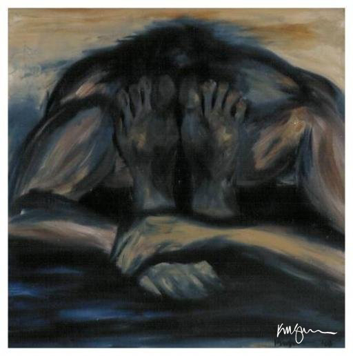 An abstract painting of a figure in Paschimottanasana (seated forward bend) with earthy tones, showcasing the curvature of the back and the placement of feet in the foreground.together