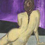 Playful acrylic painting of a woman’s backside in shades of purple with a small blemish, painted in a loose and humorous style. Titled “Purple Pimple Bum” by Michelle Scarafile Wallace