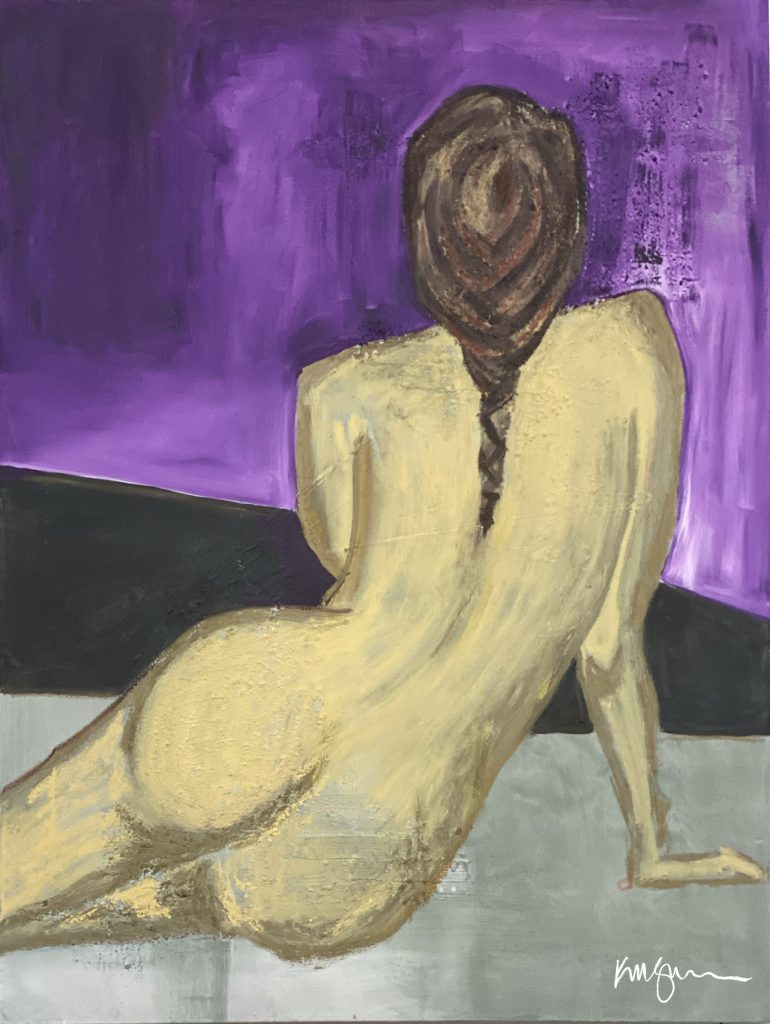 Playful acrylic painting of a woman’s backside in shades of purple with a small blemish, painted in a loose and humorous style. Titled “Purple Pimple Bum” by Michelle Scarafile Wallace