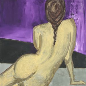 Playful acrylic painting of a woman’s backside in shades of purple with a small blemish, painted in a loose and humorous style. Titled “Purple Pimple Bum” by Michelle Scarafile Wallace