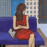 a painting of a woman sitting on a blue couch