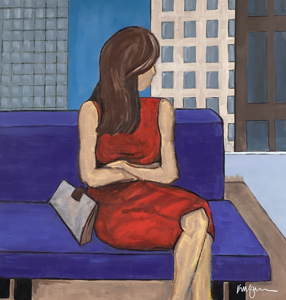 a painting of a woman sitting on a blue couch