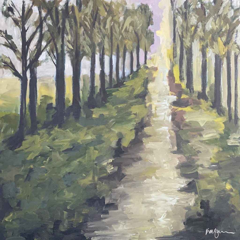 a painting of a path with trees