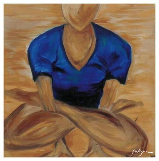 a painting of a person in a blue shirtAn abstract painting of a faceless figure in Tolasana (scale pose) with crossed legs, arms supporting the body, and a textured golden background.