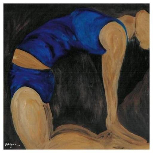 An abstract painting of a figure in Ustrasana (camel pose), arched backward with hands resting on heels, wearing a blue outfit against a warm, textured background.