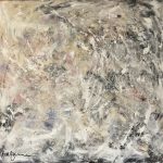 Abstract acrylic painting in white and neutral tones, featuring layered brushstrokes and scraped texture. Created by Michelle Scarafile Wallace. Titled Wait For It.