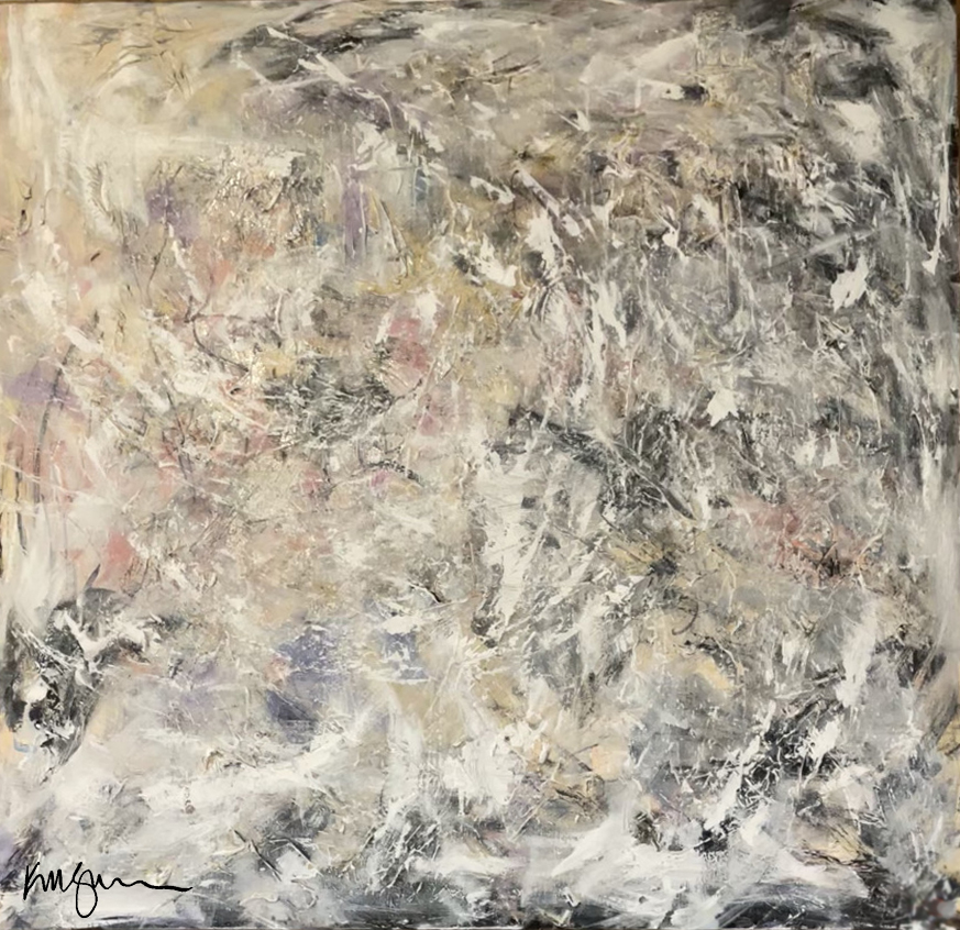 Abstract acrylic painting in white and neutral tones, featuring layered brushstrokes and scraped texture. Created by Michelle Scarafile Wallace. Titled Wait For It.
