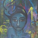 Acrylic painting of a blue female figure with large hair surrounded by vivid abstract drips and splashes. Titled “Azure Muse” by Michelle Scarafile Wallace