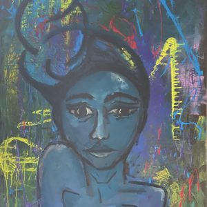 Acrylic painting of a blue female figure with large hair surrounded by vivid abstract drips and splashes. Titled “Azure Muse” by Michelle Scarafile Wallace