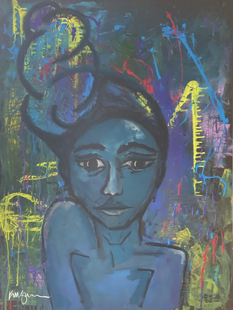 Acrylic painting of a blue female figure with large hair surrounded by vivid abstract drips and splashes. Titled “Azure Muse” by Michelle Scarafile Wallace