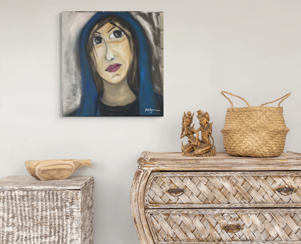 Oil painting of a stylized woman with wide eyes and a blue hood looking upward against a blurred background. Titled “Driftwood Horizon” by Michelle Scarafile Wallace