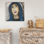 Oil painting of a stylized woman with wide eyes and a blue hood looking upward against a blurred background. Titled “Driftwood Horizon” by Michelle Scarafile Wallace