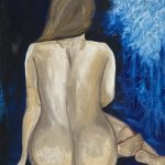 Acrylic painting of a nude woman seated with her back facing the viewer, surrounded by rich indigo and textured scribbles. Titled Echoes in Indigo by Michelle Scarafile Wallace