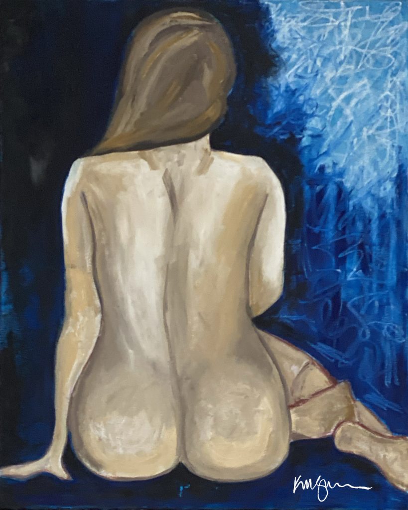 Acrylic painting of a nude woman seated with her back facing the viewer, surrounded by rich indigo and textured scribbles. Titled Echoes in Indigo by Michelle Scarafile Wallace