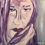 Oil painting of a contemplative woman with muted lavender hair and hand on her cheek, painted in expressive brushstrokes. Titled “Hmmm…” by Michelle Scarafile Wallace