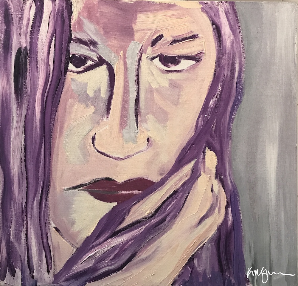Oil painting of a contemplative woman with muted lavender hair and hand on her cheek, painted in expressive brushstrokes. Titled “Hmmm…” by Michelle Scarafile Wallace