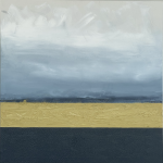Abstract landscape painting with soft blue sky, golden textured middle ground, and dark charcoal base. Minimalist art titled “Horizon Whisper I” by Michelle Scarafile Wallace