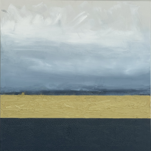 Abstract landscape painting with soft blue sky, golden textured middle ground, and dark charcoal base. Minimalist art titled “Horizon Whisper I” by Michelle Scarafile Wallace