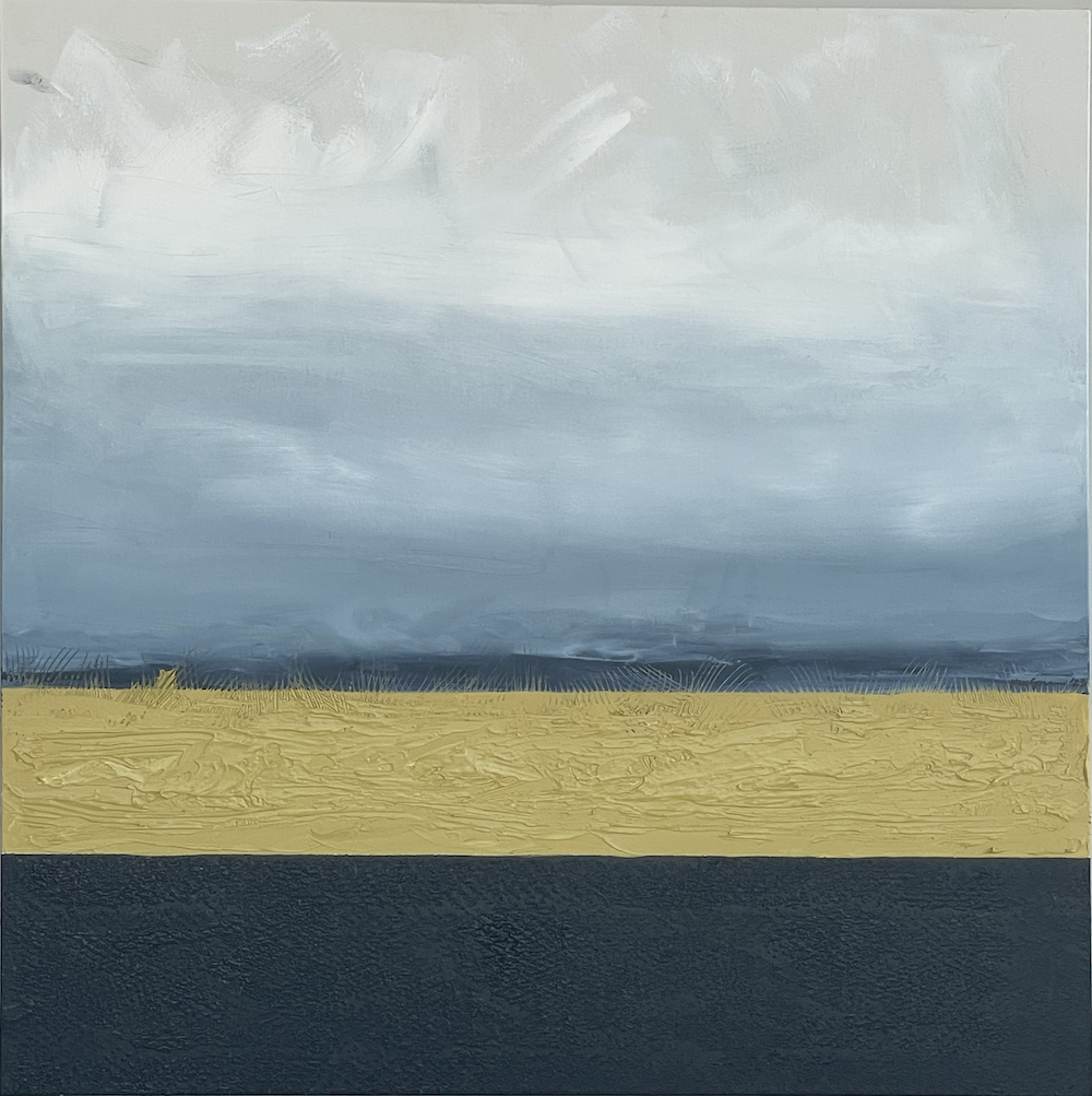 Abstract landscape painting with soft blue sky, golden textured middle ground, and dark charcoal base. Minimalist art titled “Horizon Whisper I” by Michelle Scarafile Wallace