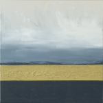 Minimalist abstract landscape with pale grey sky, golden textured terrain, and dark base. “Horizon Whisper II” by Michelle Scarafile Wallace
