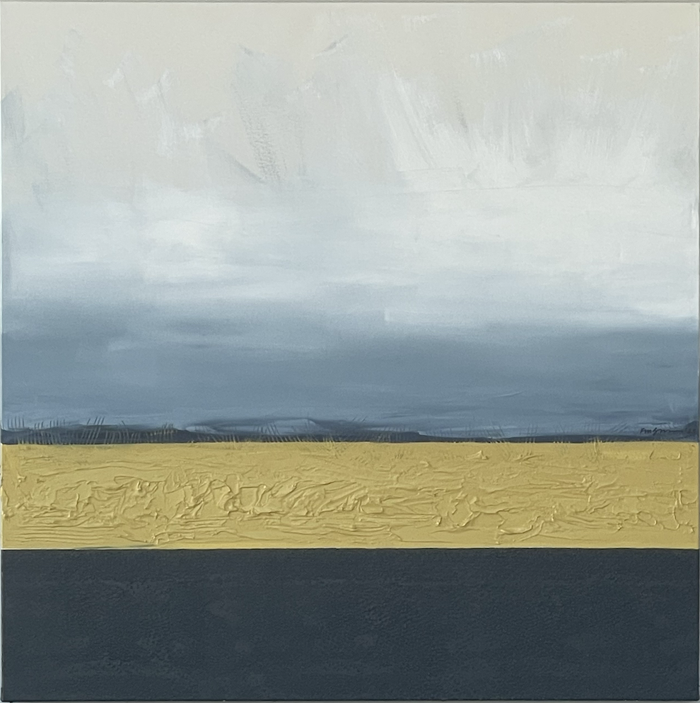 Minimalist abstract landscape with pale grey sky, golden textured terrain, and dark base. “Horizon Whisper II” by Michelle Scarafile Wallace