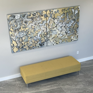 Textured mixed media diptych with metallic gold, white, and grey acrylic paint. Two abstract panels by Michelle Scarafile Wallace. Titled Fever To The Form.