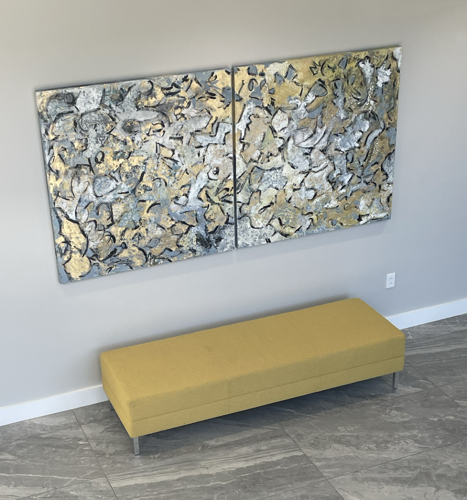 Textured mixed media diptych with metallic gold, white, and grey acrylic paint. Two abstract panels by Michelle Scarafile Wallace. Titled Fever To The Form.