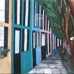 Stylized acrylic painting of Charleston’s Rainbow Row with tall doors, leaning trees, and a cobbled walkway. Titled “Rainbow Row” by Michelle Scarafile Wallace