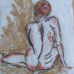 Oil painting of a nude woman seated on a neutral-toned surface with her back facing the viewer. Titled “Seated Rear-Facing Nude” by Michelle Scarafile Wallace
