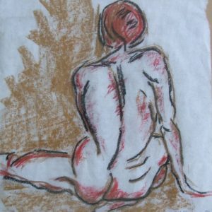 Oil painting of a nude woman seated on a neutral-toned surface with her back facing the viewer. Titled “Seated Rear-Facing Nude” by Michelle Scarafile Wallace