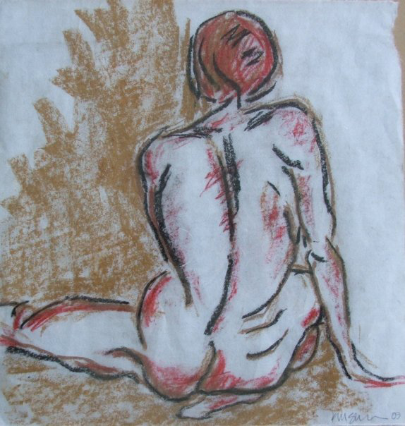 Oil painting of a nude woman seated on a neutral-toned surface with her back facing the viewer. Titled “Seated Rear-Facing Nude” by Michelle Scarafile Wallace