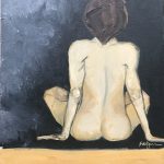 Oil painting of a nude woman seated cross-legged with her back to the viewer. Titled “Silent Reflection” by Michelle Scarafile Wallace