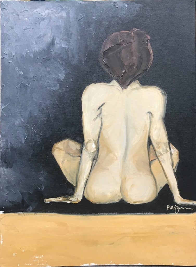 Oil painting of a nude woman seated cross-legged with her back to the viewer. Titled “Silent Reflection” by Michelle Scarafile Wallace