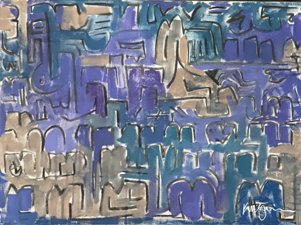 Splintered Images I: Abstract painting in cool blue, tan, and purple tones with blocky forms and expressive lines