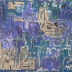 Splintered Images I: Abstract painting in cool blue, tan, and purple tones with blocky forms and expressive lines