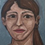 Acrylic painting of a woman with long hair and a calm, steady gaze. Earthy tones and bold brushstrokes give the portrait a raw and expressive look. Titled “Unfazed Gaze” by Michelle Scarafile Wallace