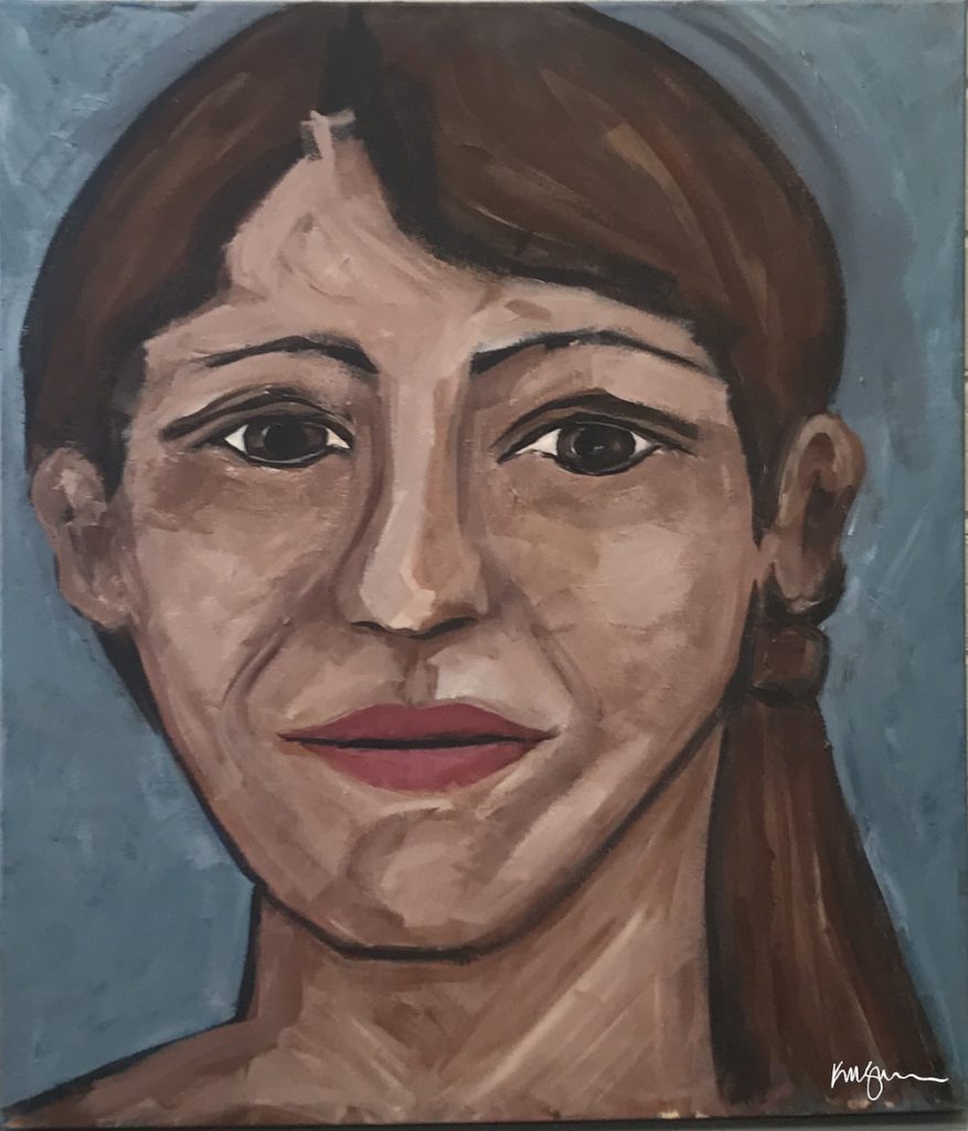 Acrylic painting of a woman with long hair and a calm, steady gaze. Earthy tones and bold brushstrokes give the portrait a raw and expressive look. Titled “Unfazed Gaze” by Michelle Scarafile Wallace