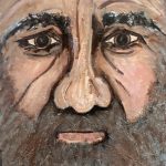 Close-up acrylic painting of an older man’s face with deep, expressive eyes, textured skin, and a weathered beard. Titled “Windows to Knowing” by Michelle Scarafile Wallace