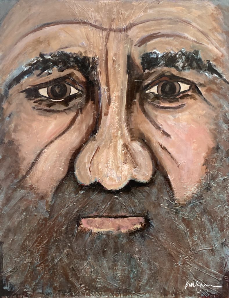 Close-up acrylic painting of an older man’s face with deep, expressive eyes, textured skin, and a weathered beard. Titled “Windows to Knowing” by Michelle Scarafile Wallace