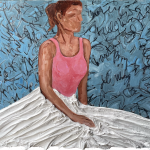 Mixed media portrait of a female figure in neutrals with Sharpie linework and textured plaster background. Acrylic on canvas by Michelle Scarafile Wallace. Titled “Waiting In The Wings.”