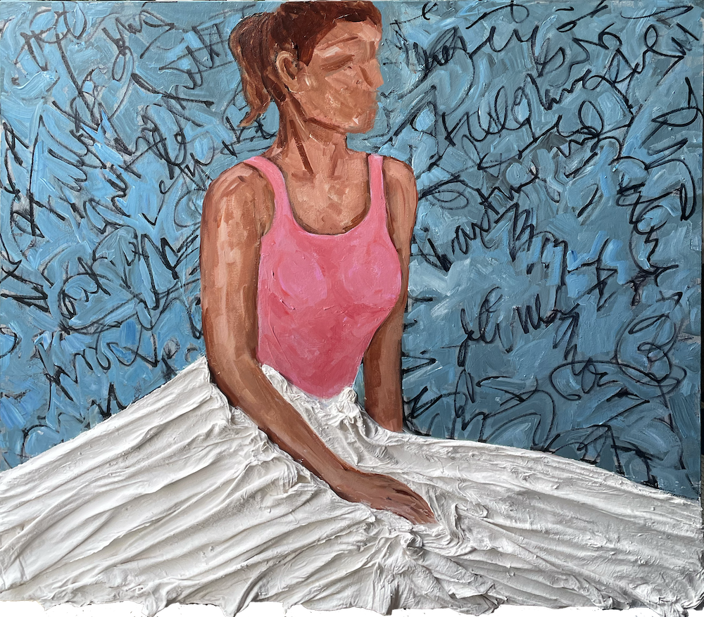 Mixed media portrait of a female figure in neutrals with Sharpie linework and textured plaster background. Acrylic on canvas by Michelle Scarafile Wallace. Titled “Waiting In The Wings.”