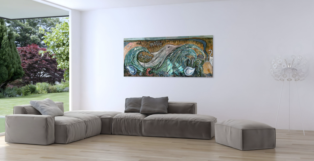 Mixed media diptych of ocean waves, dolphin, oyster beds, and Lowcountry landscape in textured acrylic and sculptural materials