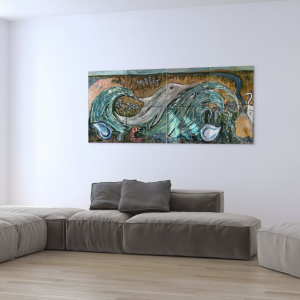 Mixed media diptych of ocean waves, dolphin, oyster beds, and Lowcountry landscape in textured acrylic and sculptural materials