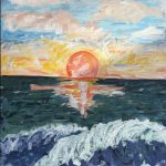 Expressive seascape painting with a bold orange sun, vibrant clouds, deep ocean waves, and emotional atmosphere