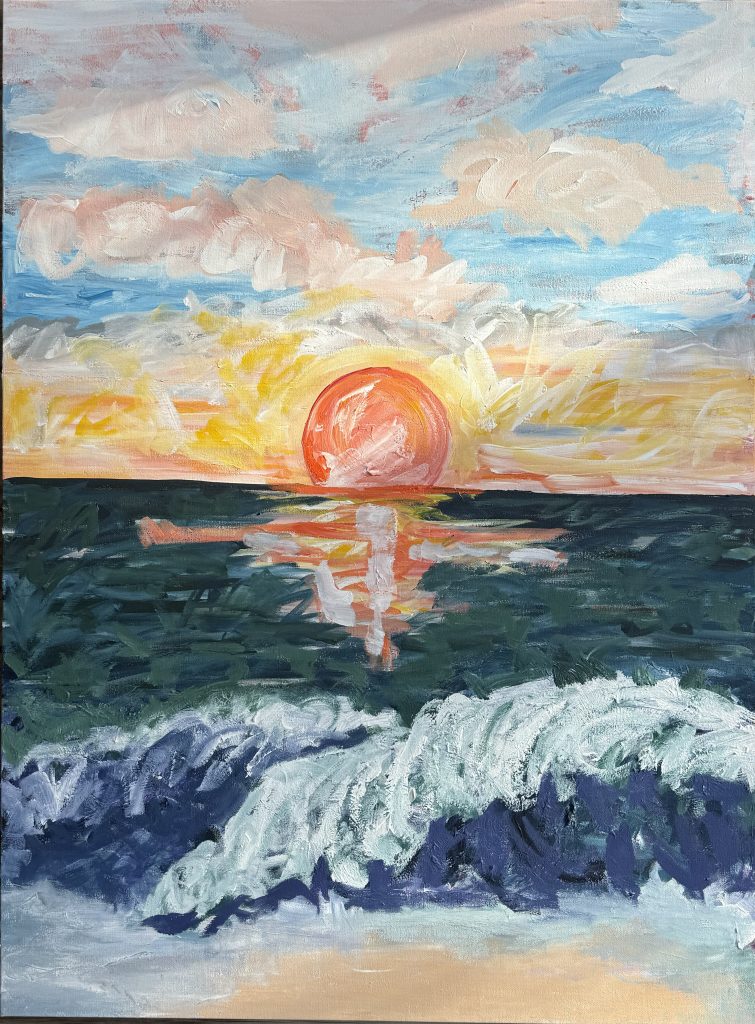 Expressive seascape painting with a bold orange sun, vibrant clouds, deep ocean waves, and emotional atmosphere