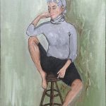 Acrylic painting of a woman seated on a stool wearing a gray turtleneck and black shorts, painted in muted greens and neutrals.